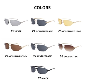 Grid display of rimless cat eye sunglasses in various metal frame colors and lens tints