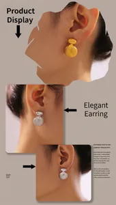 Macro detail of geometric shell stud earrings in 18k gold and silver on model