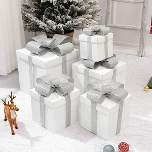 Christmas Gift Boxes White Square Paper With Silver Glitter Ribbon Bow Decorative For Holiday Tree Display Party Elegant Modern