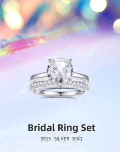 Detail of S925 hallmark on silver bridal ring set with 2ct sparkling main stone