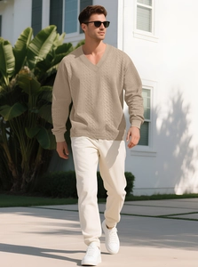 Close-up of beige V-neck knit sweater featuring intricate cable stitch patterns for men