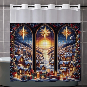 Detail of waterproof shower curtain with metal grommets and Christmas town window print