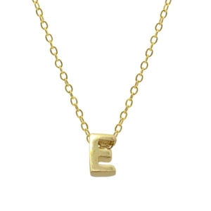 Close-up of gold 925 sterling silver necklace featuring a polished letter E pendant
