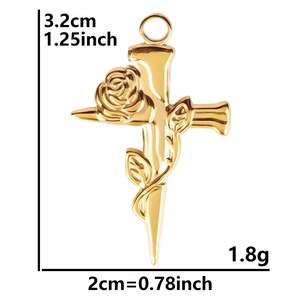 Gold 304 stainless steel cross pendant with rose flower design, size 3.2cm by 2cm