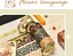 Detail of flower theme washi tape set featuring vintage floral patterns and matte paper texture