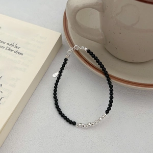 Minimalist 925 sterling silver beaded bracelet with black agate and irregular silver beads