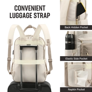 Mochila de viaje beige: correa para equipaje, bolsillo oculto y compartimentos.