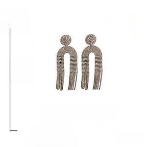 Detail view of crystal fringe earrings with dimensions and 925 silver needle material info