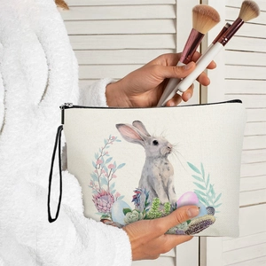 Easter Bunny Watercolor Print Cosmetic Bag Fine Linen Zippered Makeup Pouch With Wristlet Portable Travel Storage Bag