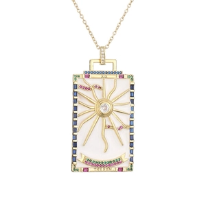 18k gold tarot sun necklace with colorful gemstones and white enamel square pendant