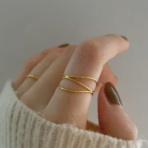 Triple Layer Interwoven Ring Titanium Steel 18K Gold Plated Minimalist Geometric Cross Design For Women Fashion Jewelry