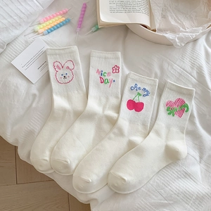 Women White Crew Socks Cotton Embroidered Cute Cartoon Heart Rabbit Cherry Breathable Soft Daily Casual Fashion Hosiery