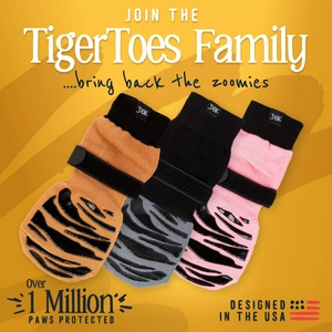 Detail of waterproof dog socks featuring tiger pattern anti-slip silicone grip and straps