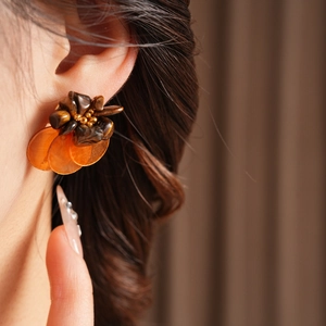 Detail showing vintage shell tiger eye earrings with brown stones and sequins on model