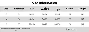 Detailed size chart for the slim-fit long-sleeved dress with waist tie and bodycon fit