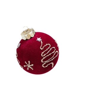 8cm burgundy velvet Christmas ball with gold and silver glitter tree patterns on white background