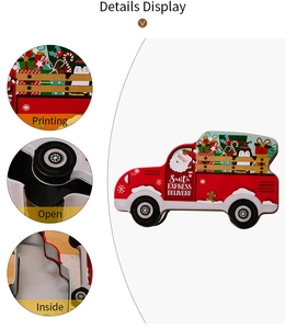 Detail view showing the printing, opening, and inside of a Christmas car tin box