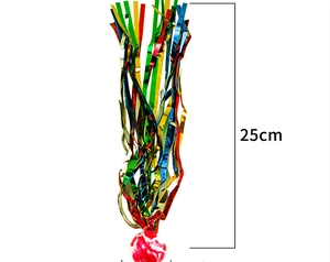 Detail view of a 25cm colorful party blower with a red round base and striped design