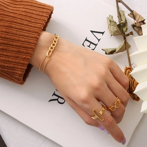 18K gold plated double layer beaded chain necklace and geometric ring set for women