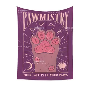 Detail view of purple mystical pawmistry tapestry with astrological cat paw print