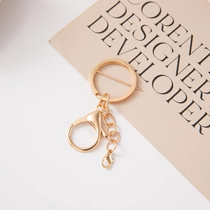 Detail of a shiny gold alloy keychain set with dual lobster clasps and linking chain