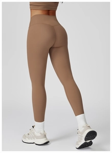 Detailed back view of coffee high waist yoga leggings with butt lifting seams