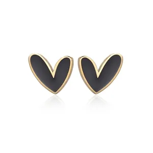 Heart Stud Earrings Stainless Steel Gold Plated Enamel Asymmetric Retro Minimalist For Women