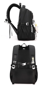 Side and back view of durable black school backpack with ergonomic straps and side pockets