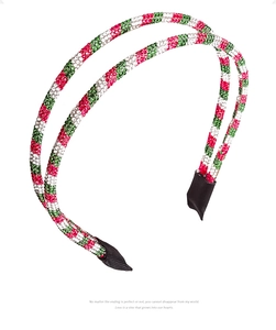 Detail of Christmas headband with red, green, and white rhinestones and end protectors