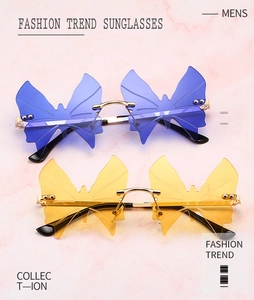 Macro view of rimless butterfly sunglasses with blue and yellow gradient metal lenses