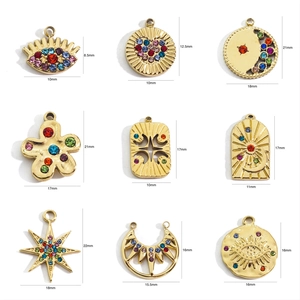 Set of 9 vintage stainless steel charms with colorful zircons for DIY jewelry making