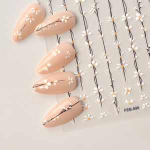 5D embossed flower nail stickers with white daisy and black branch patterns for DIY manicure