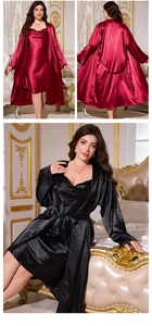 Detailed view of the silk satin robe and V-neck slip dress set in burgundy and black