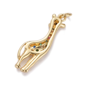 Golden giraffe pendant with colorful cubic zirconia stones on white background