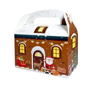 Dreidimensionale hausförmige Weihnachtsgeschenkbox mit Weihnachtsmann- und Rentier-Motiven