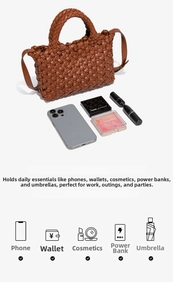 Macro view of brown woven tote bag showing spacious capacity for phone and cosmetics