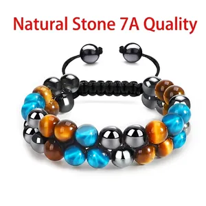 Adjustable double-layer tiger eye stone beaded bracelet with woven cord for men and women