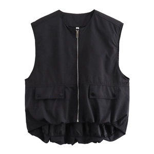 Detailed back view of a black sleeveless vest featuring a unique pleated hem design