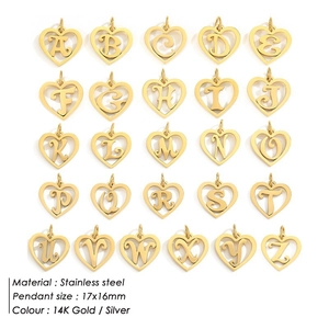 26 ciondoli alfabeto a cuore in acciaio inox, oro 14K e argento, set 17x16mm