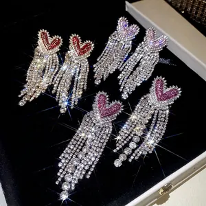Heart Tassel Dangle Earrings Alloy Rhinestone Long Multi Row Sparkly Elegant With 925 Sterling Silver Earring Post For Women