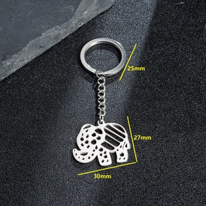 Bohemian elephant keychain in stainless steel with detailed cutout pattern and size dimensions
