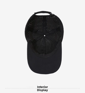 Detail view of quick-dry baseball cap featuring breathable laser-cut holes and adjustable strap