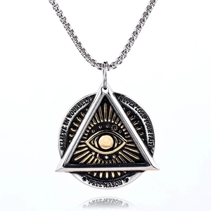 Detailed macro view of Eye of Providence pendant with motivational engraving
