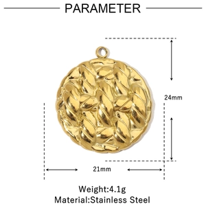 Detailed size parameters of a round gold stainless steel braided wreath pendant