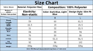 Detailed size chart for women's denim vest showing length, bust, waist and shoulder measurements
