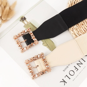 Elastic waist belt with rhinestone square buckle in black and beige for dresses