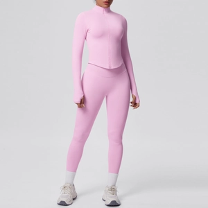 Completo yoga rosa con maniche a asola e leggings sportivi a vita alta senza cuciture