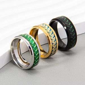 Olive leaf pattern stainless steel luminous rings in silver, gold and black finishes