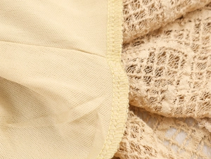 Macro detail of beige knit fabric spliced with delicate lace patterns and fine stitching