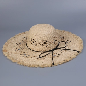Women Raffia Straw Sun Hat Wide Brim Hollow Out Foldable Beach Vacation Frayed Edge Breathable Summer Shade Hat